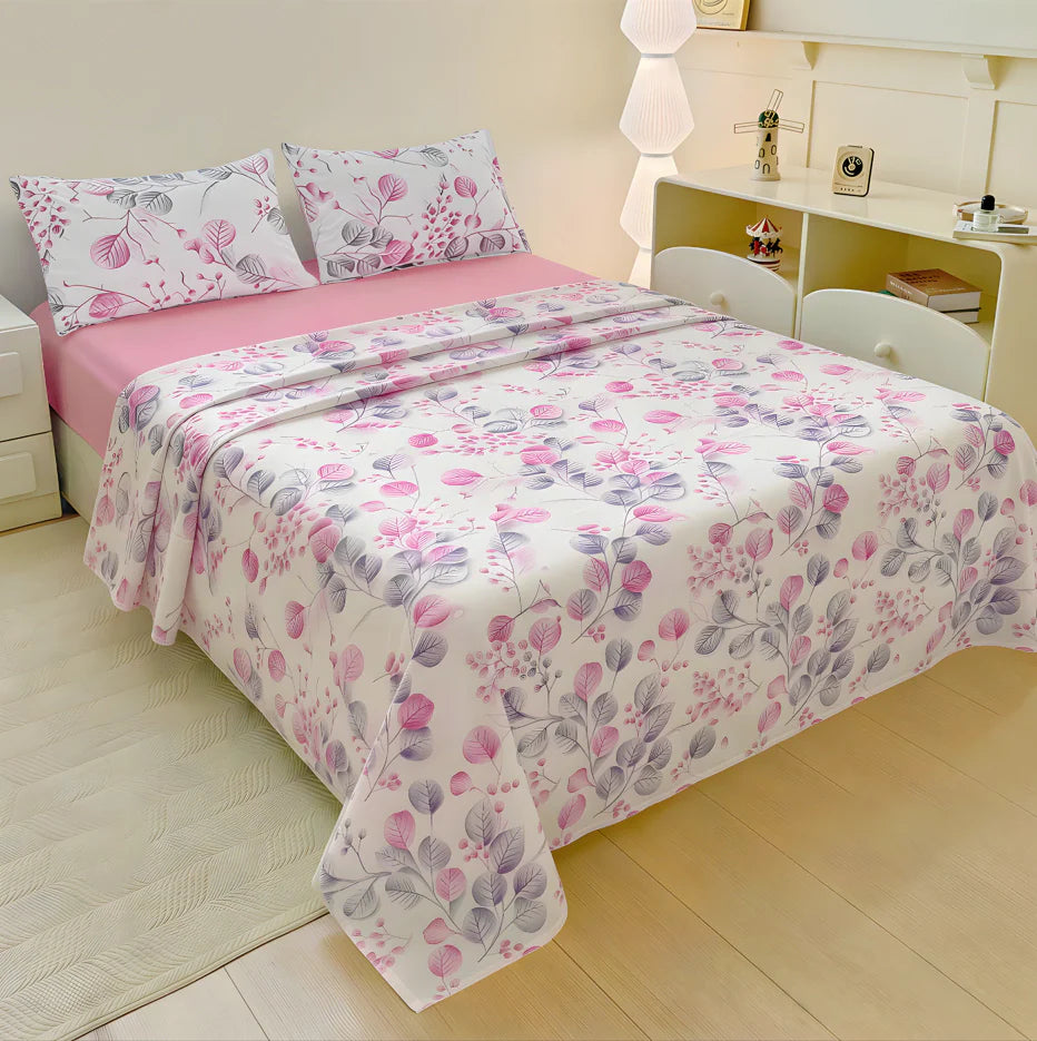 COLCHA + JUEGO DE SABANA ALGODON BOTANICO ROSA