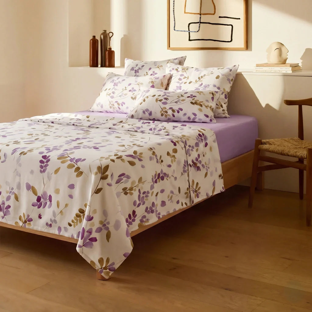 EDREDON + JUEGO DE SABANA ALGODON FLORAL LILA