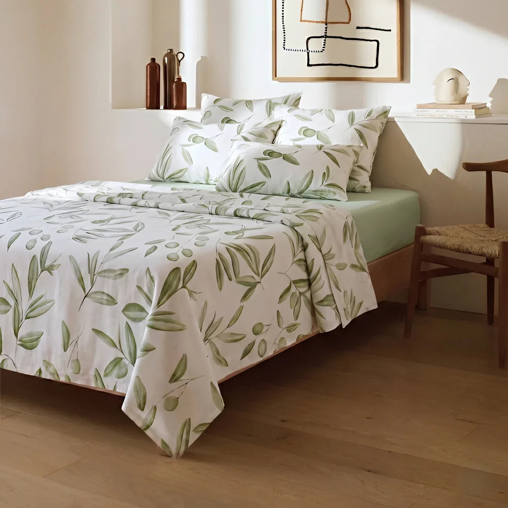 COLCHA + JUEGO DE SABANA ALGODON FLORAL VERDE OLIVA