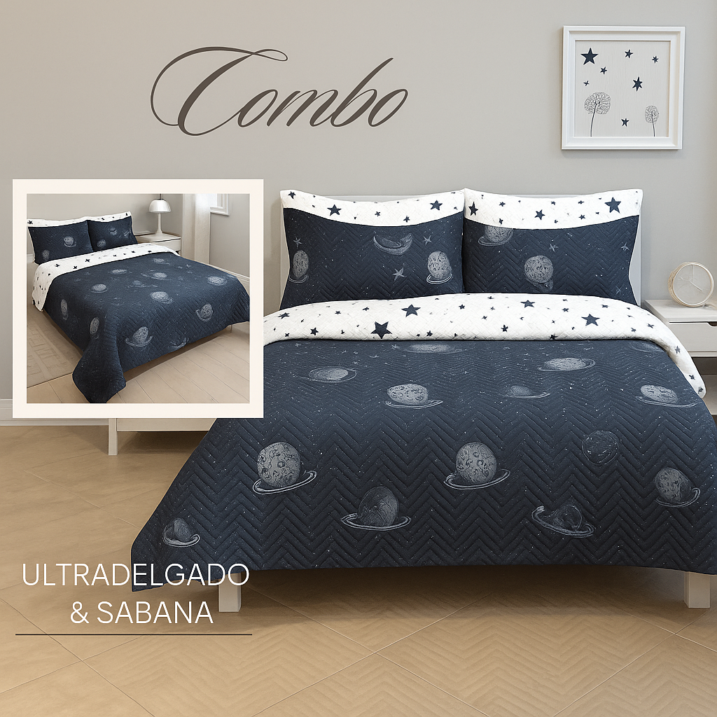 KIT COLCHA ULTRADELGADA + JUEGO DE SABANA ASTRONAUTAS