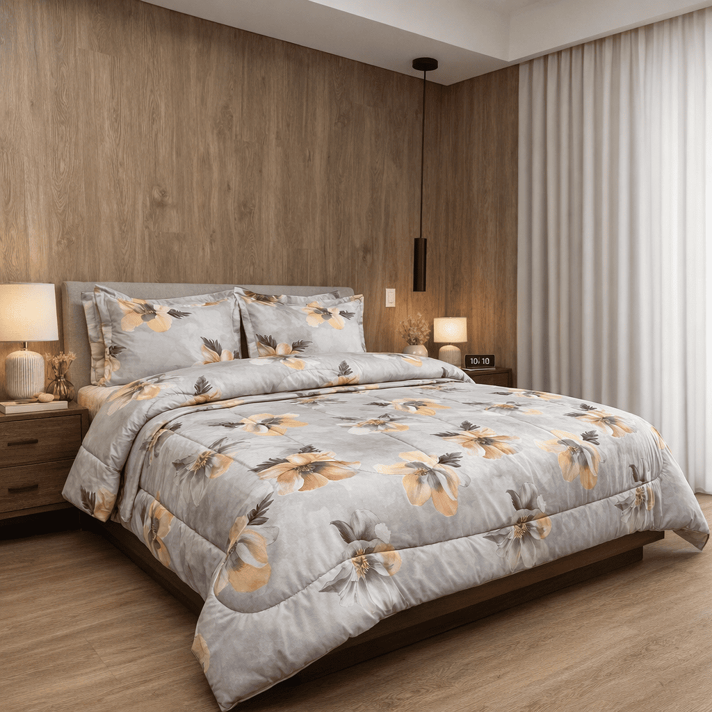 KIT ACOLCHADO + JUEGO DE SABANA PRIMAVERA GRIS