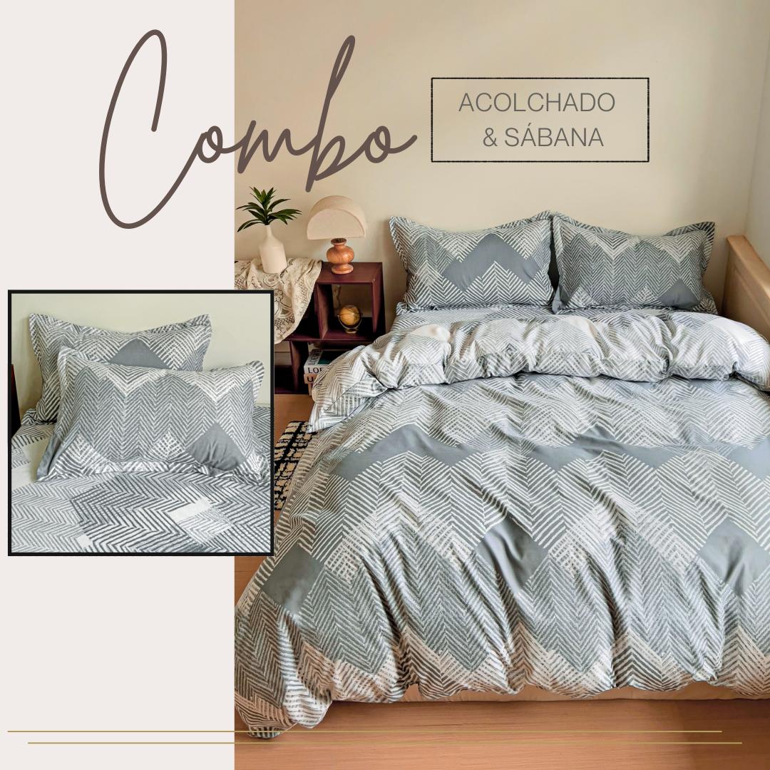 KIT ACOLCHADO + JUEGO DE SABANAS TWEED GRIS