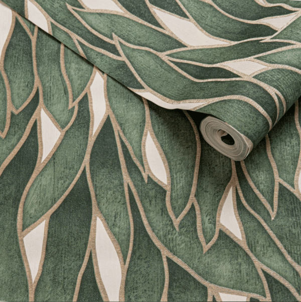 PAPEL DE COLGADURA HOJAS VERDE DORADO