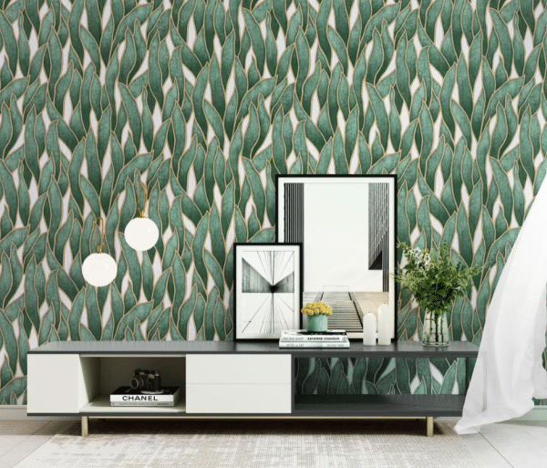 PAPEL DE COLGADURA HOJAS VERDE DORADO - Imagen 2