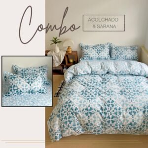 KIT ACOLCHADO + JUEGO DE SABANAS MOSAICO AZUL